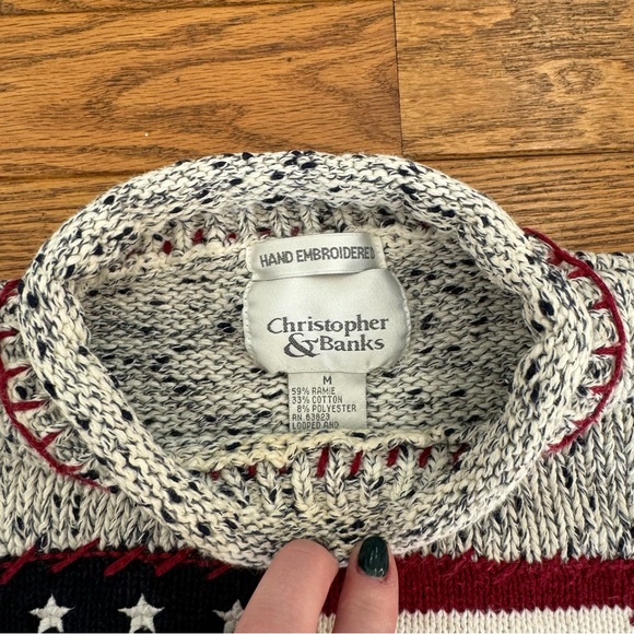 Christopher & Banks Navy and White Crewneck Sweater with American Flags - Picture 2 of 5